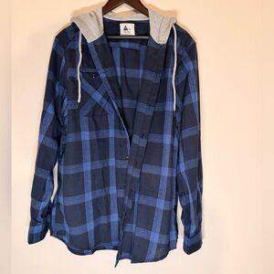Blue and Black Plaid Hooded Shirt